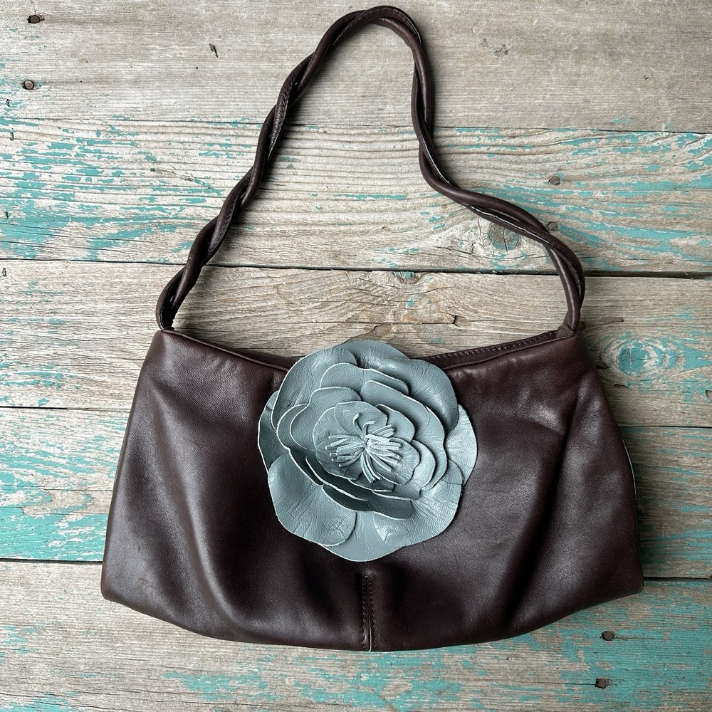 Paolo Masi Purse Shoulder Bag 12.5 Inch Leather Brown Blue Flower Accent Italy